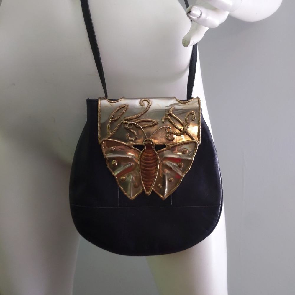 Rare! Handmade Metal Butterfly Soft Leather Boho Crossbody Purse